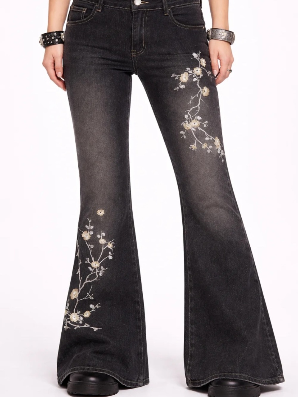 Midnight Blossom Y2K Black Floral Flared Jeans Size M